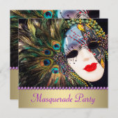 Invitation Purple or Peacock Plumes Masquerade Party (Devant / Derrière)