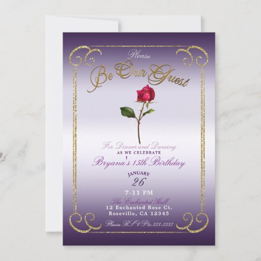 Invitation Purple & Or Rose Rouge Beauté Anniversaire (Devant)