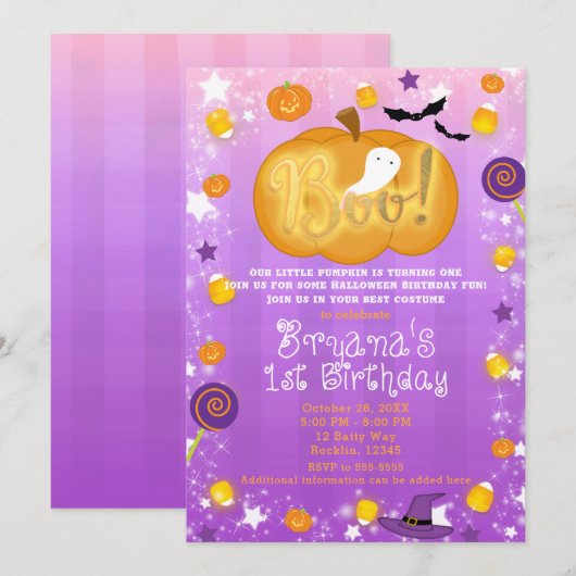 Invitation Purple & Orange 1er anniversaire Fête d'Halloween (Devant / Derrière)