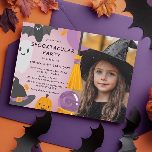 Invitation Purple Orange mignon Halloween Photo Anniversaire 