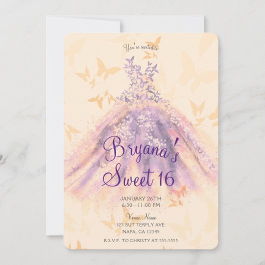 Invitation Purple Orange Papillon Danser Robe Douce 16 Partie (Devant)