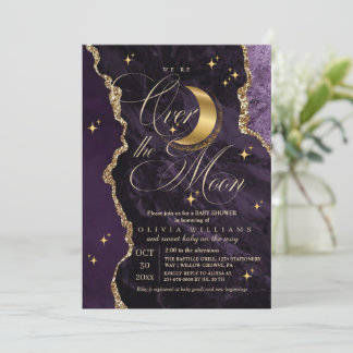 Invitation Purple Over the Moon Gold Stars Baby Shower
