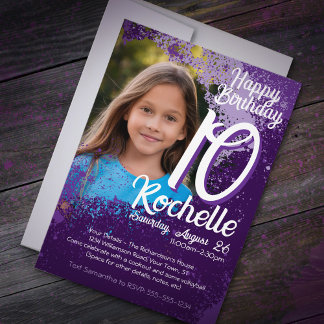 Invitation Purple Paint Splatter Photo 10e anniversaire Invit