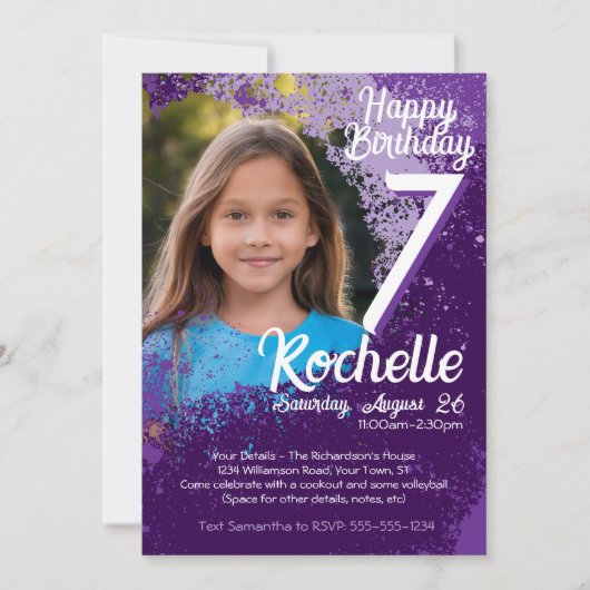 Invitation Purple Paint Splatter Photo 7e anniversaire Invita (Devant)