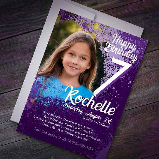 Invitation Purple Paint Splatter Photo 7e anniversaire Invita