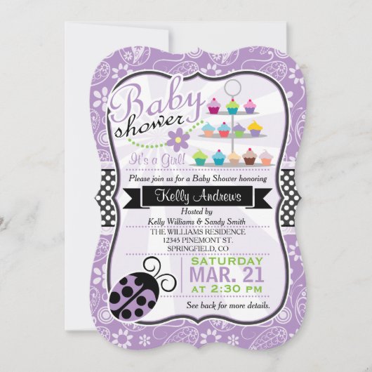 Invitation Purple Paisley Ladybug thème Baby shower fille (Devant)