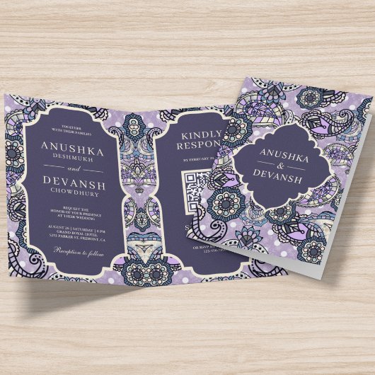 Invitation Purple Paisley Motif QR Code Indien Mariage