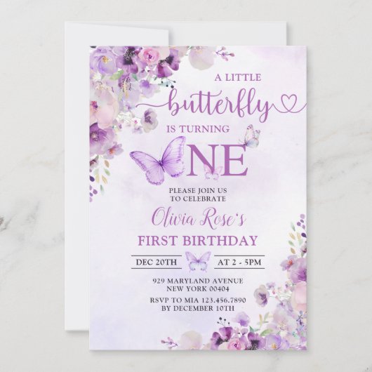 Invitation Purple Papillon Boho Fleurs 1er anniversaire (Devant)