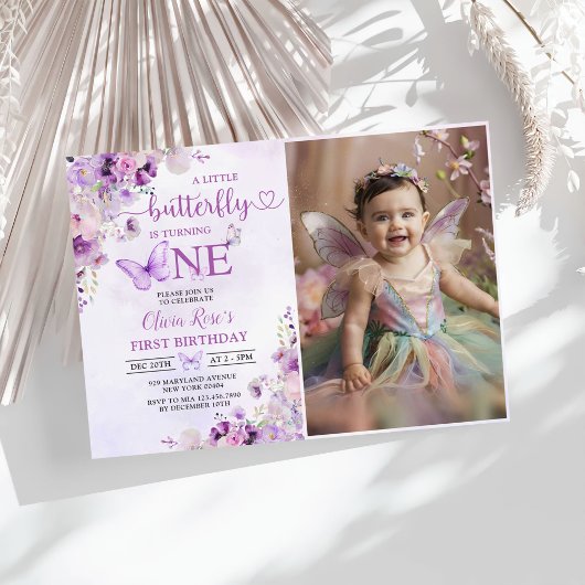 Invitation Purple Papillon Boho Fleurs 1er Anniversaire Photo