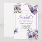 Invitation Purple papillon premier anniversaire, fleurs Invit (Devant / Derrière)