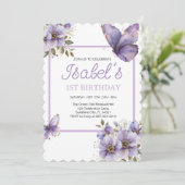 Invitation Purple papillon premier anniversaire, fleurs Invit (Debout devant)