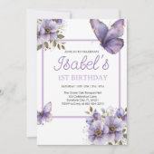 Invitation Purple papillon premier anniversaire, fleurs Invit (Devant)