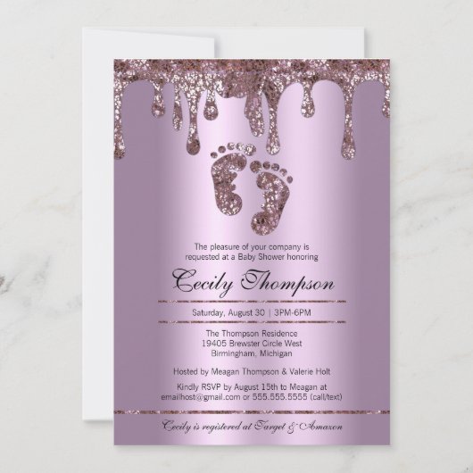 Invitation Purple Parties scintillant Drip Luxury Baby Pieds  (Devant)