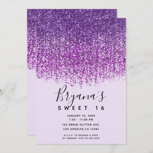 Invitation Purple Parties scintillant mousseuse Douce 16 Anni (Devant / Derrière)