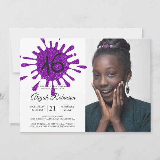 Invitation Purple Parties scintillant Splash Sweet 16 16e fêt (Devant)