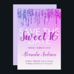 Invitation Purple Parties scintillant Sweet 16 Enregistrer la<br><div class="desc">Moderne violet et rose chaud étincelle et Parties scintillant à goutte Enregistrer la date Anniversaire Invitation fête. Cette invitation est parfaite pour une fête d'anniversaire Sparkle and Parties scintillant Sweet 16 qui cherche à célébrer avec style.</div>