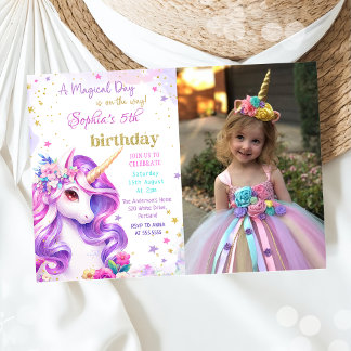 Invitation Purple Pastel Magique Unicorne Photo Anniversaire