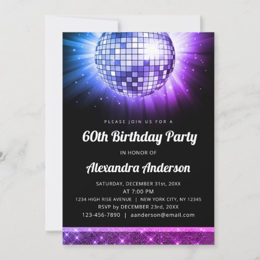Invitation Purple Pink 60e anniversaire Disco Ball 70's (Devant)