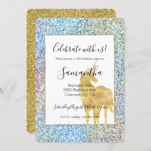 Invitation Purple Pink Aqua Gold Unicorn Parties scintillant