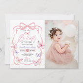 Invitation Purple Pink Bow Butterfly Girl Birthday Photo (Devant)