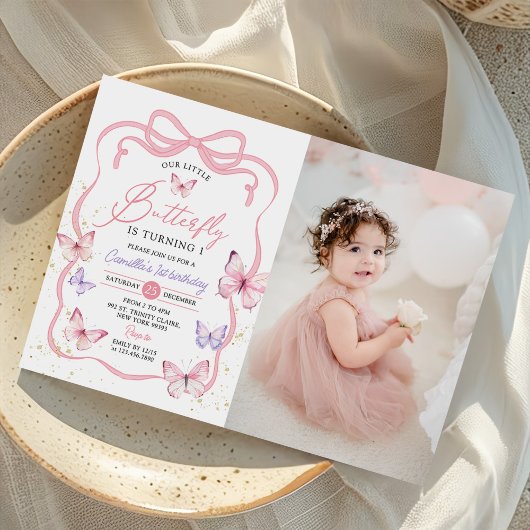 Invitation Purple Pink Bow Butterfly Girl Birthday Photo