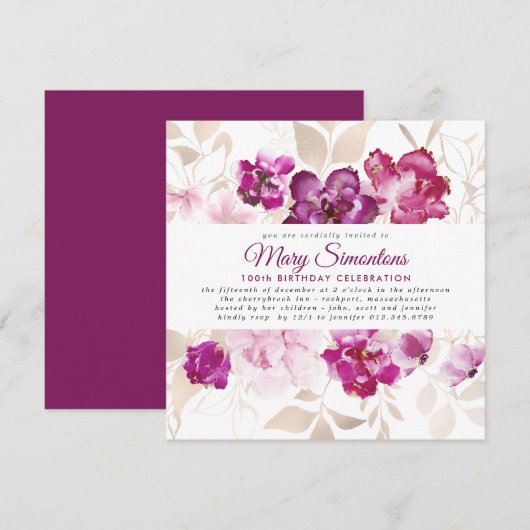 Invitation Purple Pink Gold Floral 100e fête d'anniversaire (Devant / Derrière)