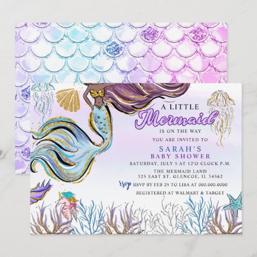 Invitation Purple Pink Modern Glitter Mermaid Baby Shower (Devant / Derrière)