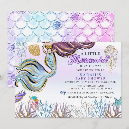 Invitation Purple Pink Modern Glitter Mermaid Baby Shower (Devant / Derrière)
