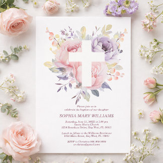 Invitation Purple Pink Rose & White Cross Girl Baptism
