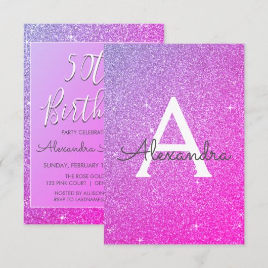 Invitation Purple Pink Sparkle Parties scintillant 50e annive (Devant / Derrière)