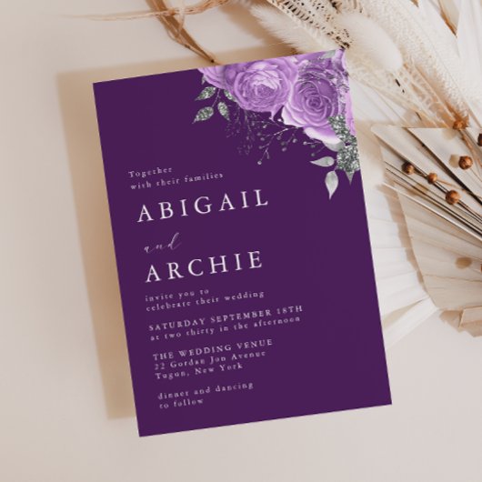 Invitation Purple Plum Violet Floral Wedding 