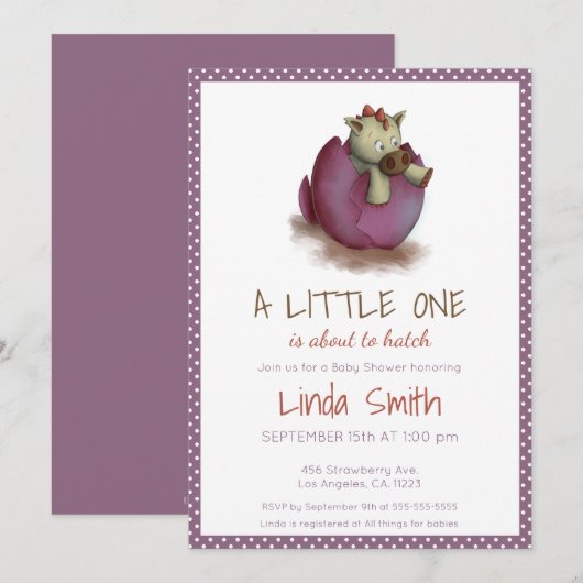 Invitation Purple Polka Dot Baby Girl Dinosaur Hatching (Devant / Derrière)