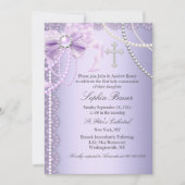 Invitation Purple Pretty Pearl Bow Cross Première Sainte Comm (Devant)