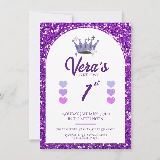 Invitation Purple Princess Parties scintillant 1er anniversai (Devant)