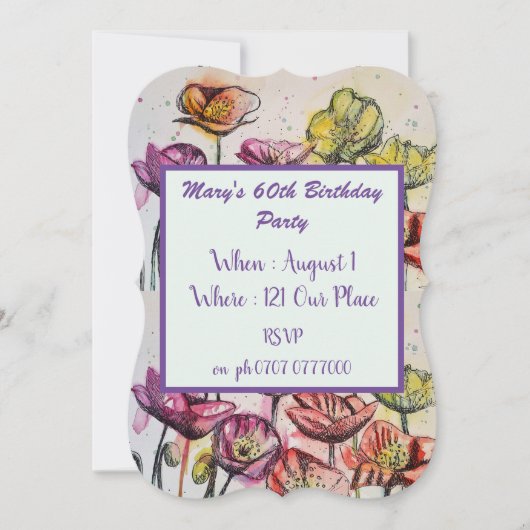 Invitation Purple Red Poppy Floral 60e anniversaire Invitatio (Devant)