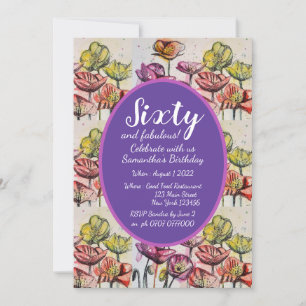 Invitation Purple Red Poppy Floral 60e anniversaire Invitatio
