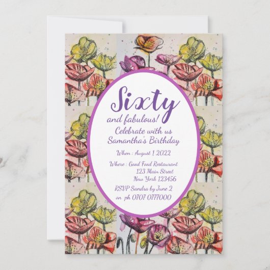 Invitation Purple Red Poppy Floral 60e anniversaire Invitatio (Devant)