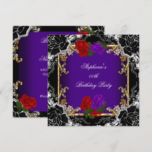 Invitation Purple Red Rose Gold Black fête d'anniversaire (Devant / Derrière)