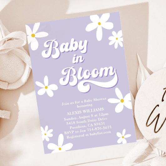 Invitation Purple Retro Baby shower Bébé En Fleur