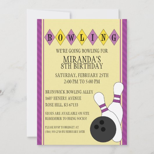 Invitation Purple Retro Custom Bowling fête d'anniversaire (Devant)