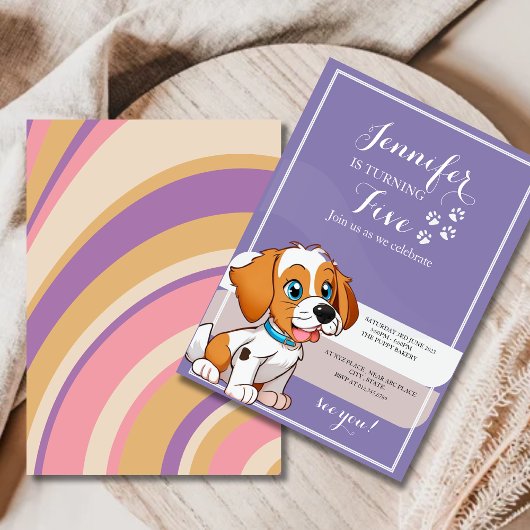 Invitation Purple Retro Cute Chiot Thème Anniversaire de enfa