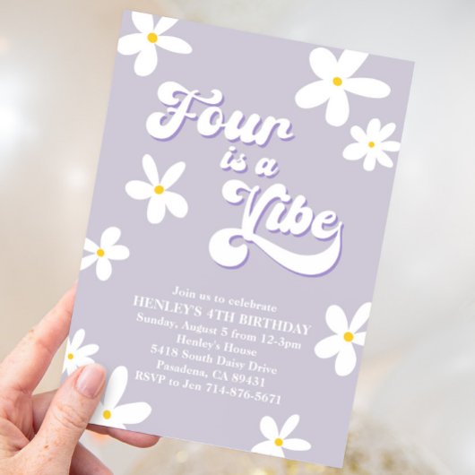 Invitation Purple Retro Daisy Four Est Un Anniversaire Vibe