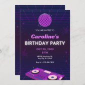 INVITATION PURPLE RETRO NIGHT DJ DISCO BALL ANNIVERSAIRE (Devant / Derrière)