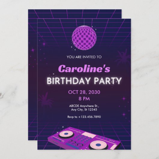 INVITATION PURPLE RETRO NIGHT DJ DISCO BALL ANNIVERSAIRE (Devant / Derrière)