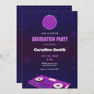 INVITATION PURPLE RETRO NIGHT DJ DISCO BALL GRADUTY