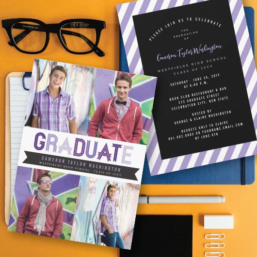 Invitation Purple Ribbon Graduate Photo Party