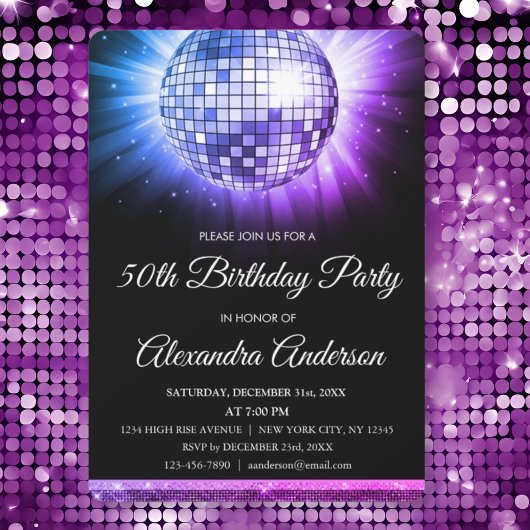 Invitation Purple rose 50e anniversaire de fête Silver Disco 