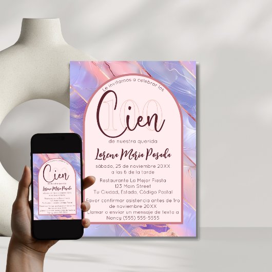 Invitation Purple Rose Agate Espagnol 100e anniversaire pour