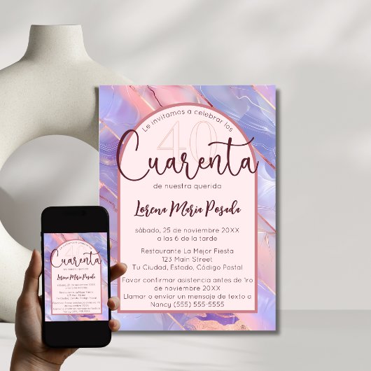 Invitation Purple Rose Agate Espagnol 40e anniversaire pour e