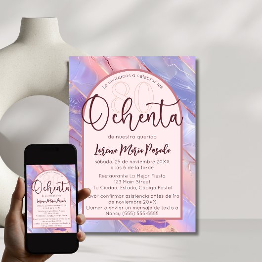 Invitation Purple Rose Agate Espagnol 80e anniversaire pour e